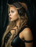 a woman with long hair wearing a headband and headphones generative ai photo