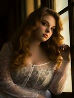 a woman with long red hair sitting by the window generative ai photo