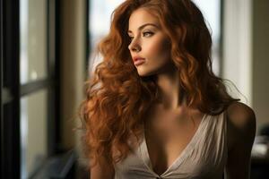 a woman with long red hair standing in front of a window photo