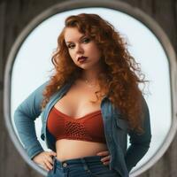a woman with red curly hair and a red bra top generative ai photo