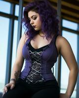 a woman with purple hair wearing a corset photo