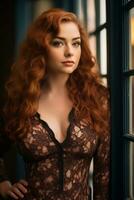 a woman with red hair posing by a window generative ai photo