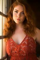 a woman with red hair posing in front of a window generative ai photo