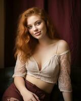 a woman with red hair sitting on a couch generative ai photo