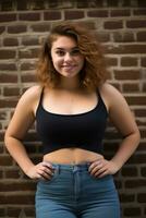 a young woman in jeans and a crop top standing in front of a brick wall generative ai photo