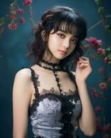 an asian woman in a corset posing in front of flowers generative ai photo