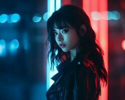 an asian woman in black leather jacket standing in front of neon lights generative ai photo
