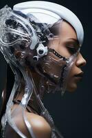 an image of a woman wearing a futuristic helmet photo