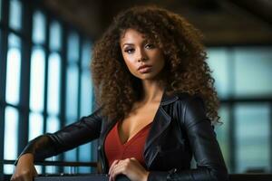 beautiful african american woman with curly hair and leather jacket generative ai photo