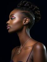 hermosa africano mujer con púrpura maquillaje en negro antecedentes generativo ai foto