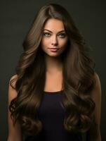 beautiful brunette woman with long wavy hair on dark background generative ai photo