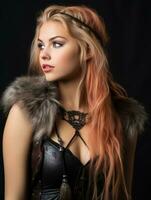 beautiful blonde woman with pink hair wearing leather clothes and a fur collar generative ai photo