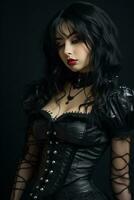 beautiful gothic woman in black corset with red lips generative ai photo