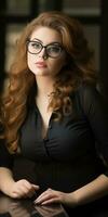 beautiful red haired woman with glasses sitting at a table generative ai photo