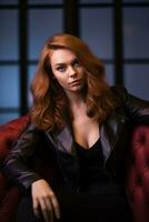 beautiful redhead woman in black leather jacket sitting on red leather chair generative ai photo