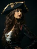 beautiful woman in pirate costume on black background generative ai photo