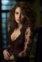 beautiful woman with curly hair sitting on a chair generative ai photo