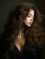 beautiful woman with long curly hair on dark background generative ai photo