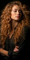 beautiful woman with long curly hair on black background photo