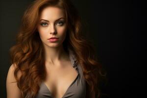 beautiful woman with long red hair on black background generative ai photo
