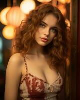 beautiful woman with red hair posing in front of lamps generative ai photo