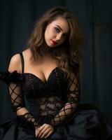 beautiful young woman in black dress posing for the camera generative ai photo