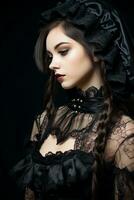 beautiful young woman in gothic dress and black hat on black background generative ai photo