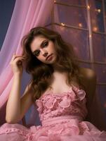 hermosa joven mujer en rosado vestir posando en frente de cortina generativo ai foto