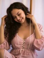 beautiful young woman in pink pajamas posing for the camera generative ai photo