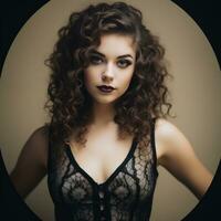 beautiful young woman with curly hair and dark lipstick generative ai photo