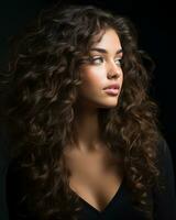 beautiful young woman with curly hair on black background generative ai photo