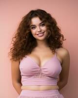 beautiful young woman with curly hair wearing a pink bra top generative ai photo