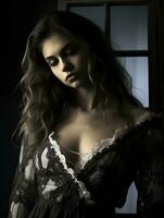 black and white photo of a woman in a lace dress generative ai