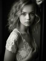black and white portrait of a beautiful young woman generative ai photo