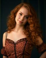 portrait of a beautiful redhead woman with long curly hair generative ai photo