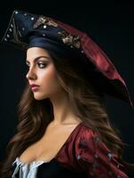 portrait of beautiful woman in pirate costume on black background generative ai photo