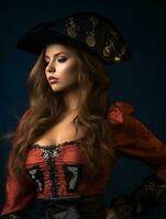 portrait of beautiful woman in pirate costume on dark background generative ai photo