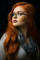 portrait of beautiful red haired woman with glasses on black background generative ai photo