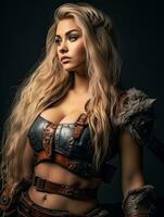 sexy woman with long blonde hair in armor posing on black background generative ai photo