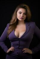 sexy woman in purple suit posing on black background generative ai photo