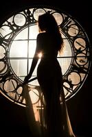 silhouette of a woman standing in front of a large clock generative ai photo