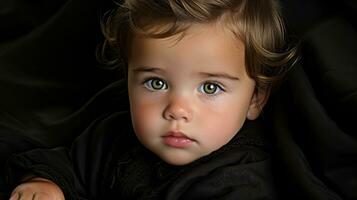 a baby with green eyes laying on a black blanket generative ai photo