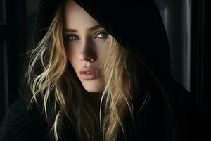 a beautiful blonde woman in a black hoodie photo