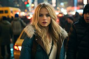 a beautiful blonde woman in a blue jacket standing in the middle of a busy city street generative ai photo