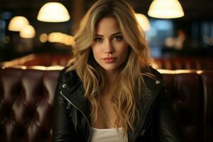 a beautiful blonde woman in a leather jacket sitting in a restaurant generative ai photo
