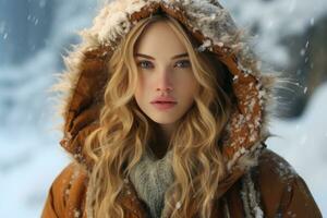 a beautiful blonde woman in a winter coat standing in the snow photo