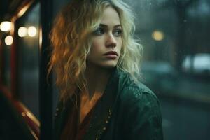 a beautiful blonde woman looking out the window of a bus generative ai photo