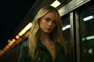 a beautiful blonde woman standing in front of a train at night generative ai photo