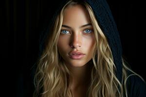 a beautiful blonde woman with blue eyes in a black hoodie photo