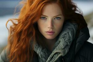 un hermosa rojo peludo mujer con azul ojos foto